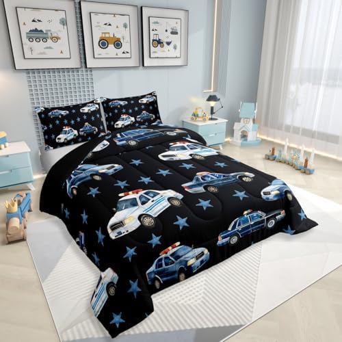 Erosebridal Police Car Comforter Set Toddler for Boys, Cartoon Car Bedding Set for Kids Teens Youth Men Bedroom, Policeman Vehicle Comforter, Star Black Quilt with 1 Pillowcase, 2 Pcs, Microfiber