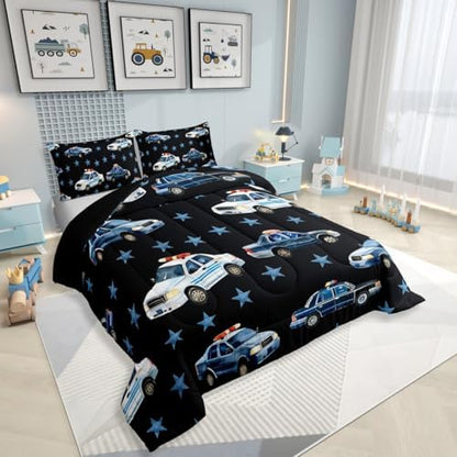 Erosebridal Police Car Comforter Set Toddler for Boys, Cartoon Car Bedding Set for Kids Teens Youth Men Bedroom, Policeman Vehicle Comforter, Star Black Quilt with 1 Pillowcase, 2 Pcs, Microfiber