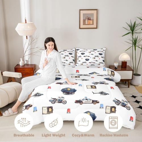 Feelyou Police Car Comforter Set Full Size Policeman Vehicle Bedding Set for Kids Boys Girls Aircraft Cartoon Car Duvet Quilt Bedroom Decor Microfiber 3 Pcs with 2 Pillow Cases