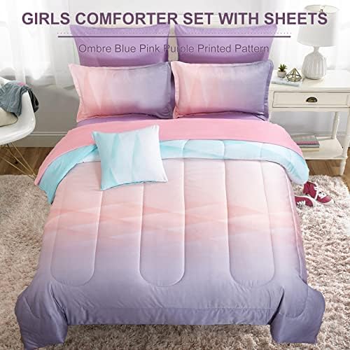 Dinjoy Girls Comforter Set Twin Size Colorful Ombre Blue Pink Purple Rainbow Bedding Set 6 Pieces Bed in A Bag for Kid Teen (1 Comforter, 1 Flat Sheet, 1 Fitted Sheet, 1 Pillow sham, 2 Pillowcases)