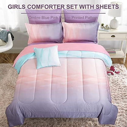 Dinjoy Girls Comforter Set Twin Size Colorful Ombre Blue Pink Purple Rainbow Bedding Set 6 Pieces Bed in A Bag for Kid Teen (1 Comforter, 1 Flat Sheet, 1 Fitted Sheet, 1 Pillow sham, 2 Pillowcases)