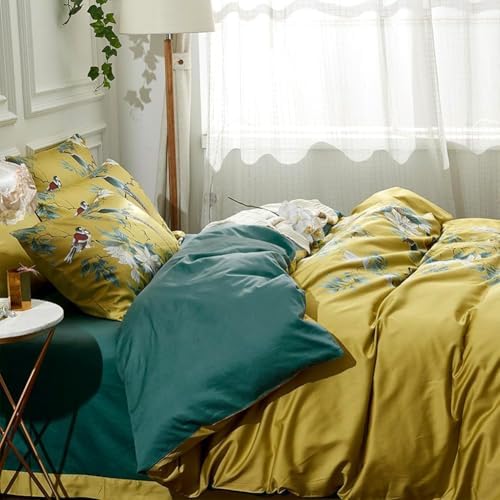 Garden Style Bird Duvet Cover Twin XL Vintage Boho Floral Duvet Cover Cotton Flowers Comforter Cover on Gold Yellow Bedding Set Farmhouse Floral Bedding Comforter Cover with 2 Pillowcases Twin XL Size
