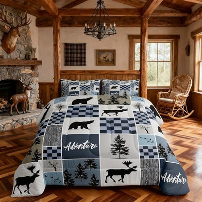 Deer Antler Comforter Set Queen Size,Bear Rustic Farmhouse Adventure Bedding Set for Kids Boys Girls Adults Room Decor,Pine Trees Plaid Patchwork Down Comforter,Blue Xmas Duvet Insert,2 Pillowcases