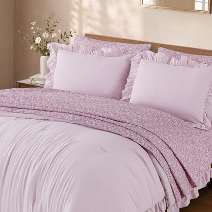 BLOOMHAVEN King Size Comforter Set-7 Pieces Ruffle Bedding Floral Sheet