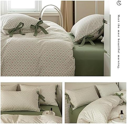mixinni Red Floral Duvet Cover Set Queen Size - 100% Cotton Green Grid Bedding with Bow Ties, 3PC Cottagecore Comforter Cover (1 Duvet Cover + 2 Pillowcases) Vintage Garden Style Soft Aesthetic