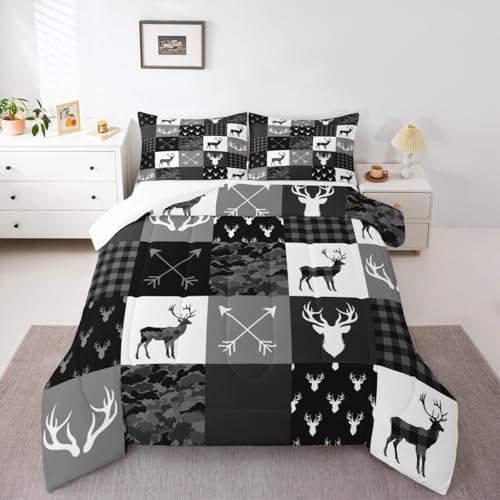 Deer Antler Silhouette Kids Comforter Set Full Size,Geometric Plaids Arrows Boho Bedding Set,Wild Animals Hunting Rustic Adventure Comforter,Camo Black Grey Quilt Set for Boys Girls Room Decor