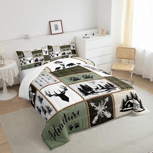 Rustic Farmhouse Kids Comforter Set Twin Size,Deer Antlers Bear Paws Plaids Patchwork Bedding Set for Boys Girls Adults Room Decor,Pine Trees Arrows Down Comforter,Retro Duvet Insert,1 Pillowcase