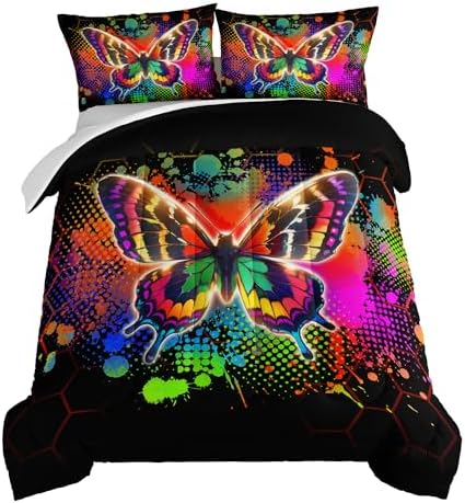 HOSIMA Beauty Butterfly Comforter Set, Colorful Tie Dye Bedding Set King Size for Kids Girls Teens Bedroom Decor, Honeycomb Pattern Comforter Set King Size with 2 Pillowcases