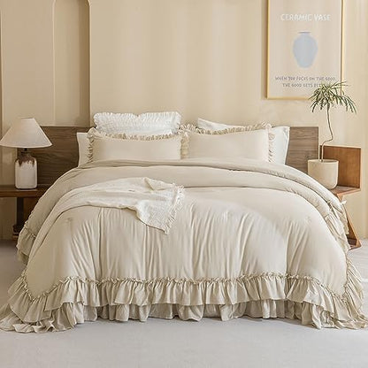 Masaca Farmhouse King Size Comforter Set,Shabby Boho Chic Bedding Ruffled King Bed Comforter Vintage Rustic French Country Bedding Sets 3 Pieces (1 Ruffle Comforter and 2 Pillowcases)