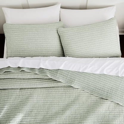 WDCOZY Sage Green Queen Size Pick Stitch Quilt Set, 3 Pieces 90x90 inches