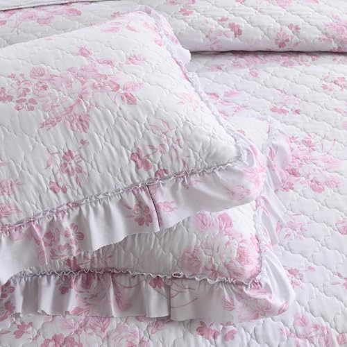 HORIMOTE HOME Pink Ruffled Quilt King Size with 2 Pillow Shams, Shabby Chic Floral Printed Reversible Bedspread Coverlet, Soft Lightweight Comforter Bed Cover for All Season, 3 Pieces, 106x96 inches
