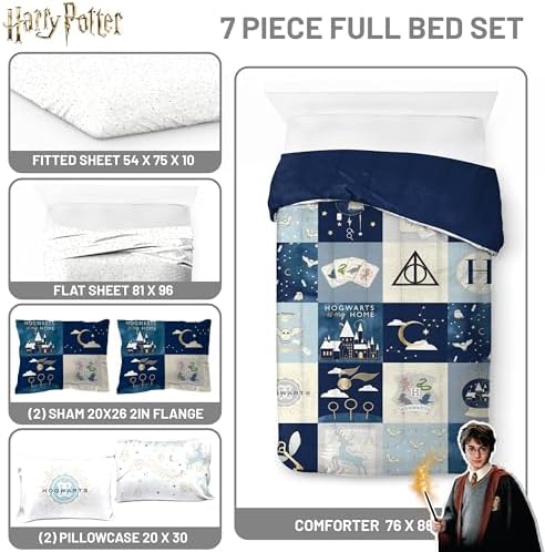 Harry Potter Full Size Comforter Set 7 Piece Soft Hogwarts Bedding, Multi