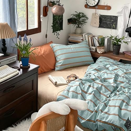 mixinni Retro Mint Blue Striped Duvet Cover Set - 100% Natural Cotton 3-Piece Vintage Stripes Pattern Printed Bedding Set, Soft Breathable Comforter Cover with Zipper Closure & Corner Ties, Queen Size
