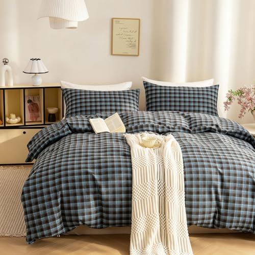 Mucalis Brown Blue Buffalo Plaid Duvet Cover King 100% Washed Cotton Vintage Checkered Duvet Cover Set 3 Piece Grid Bedding Set Zipper Closure Corner Ties,Soft Breathable Lightweight All Seasons