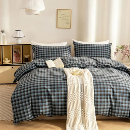 Mucalis Brown Blue Buffalo Plaid Duvet Cover Queen 100% Washed Cotton Checkered Duvet Cover Set 3 Piece Grid Bedding Set Full Zipper Closure Corner Ties,Soft Breathable Lightweight All Season
