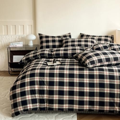 Mucalis Black Buffalo Plaid Duvet Cover King 100% Washed Cotton Green Red Checkered Duvet Cover Vintage 3 Piece Grid Bedding Set with Zipper Closure 4 Corner Ties