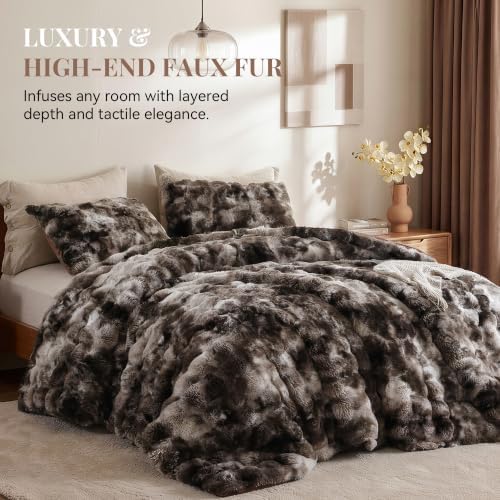 Smoofy Fluffy Faux Rabbit Fur Bubble Comforter King Size - Tie Dye Coffee