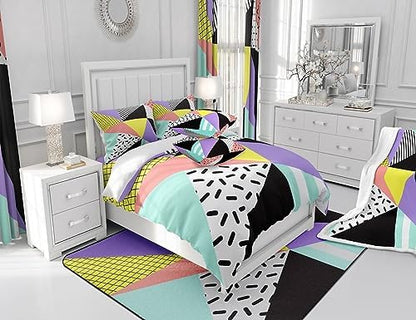 Manfei Memphis Comforter Set King Size, Geometric Triangle Pattern Quilt Set with 2 Pillowcases, Retro 80s 90s Fashion Style Bedding Set 3pcs for Kids Boys Girls Lightweight Duvet Insert
