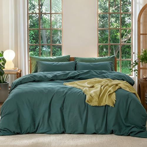 MooMee Bedding Duvet Cover Set 100% Washed Cotton Linen Like Textured Breathable Durable Soft Comfy (Solid Green, King 104"x90")