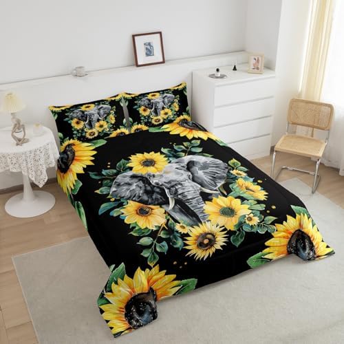 Elephant Comforter Set, Yellow Sunflower Down Comforter Queen Size for Kids Girls Teens Adult Bedroom Decor, African Safari Animal Duvet Sets Floral Petal Country Bedding Set with 2 Pillow Cases
