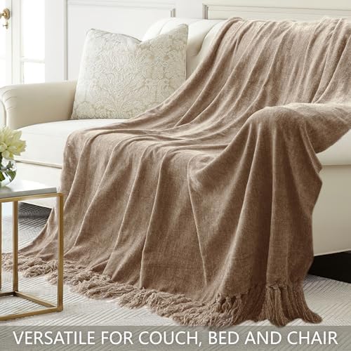 Chenille Throw Blanket for Couch 50" x 60", Taupe