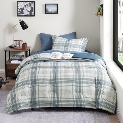 Plaid Twin XL Comforter Set Blue Grey 5 Pieces College Dorm Bed in a Bag