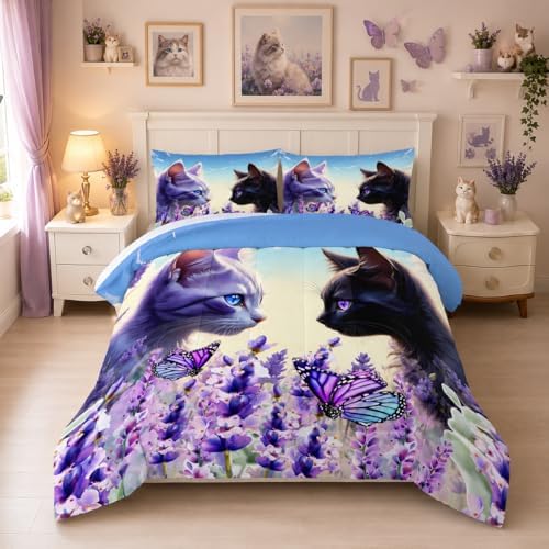 Cat Comforter Set - Toddler Bedding Set with 2 Pillowcases, Floral Animal Themed Comforter for Kids Boys Girls Room Decor