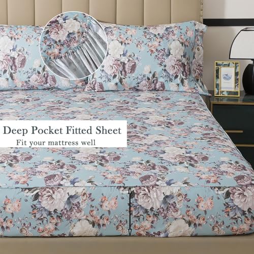 FADFAY Floral Sheets Set Full Size, 100% Cotton Bed Sheets 4 Pcs with Deep Pocket Fitted Sheet, Dusty Blue Vintage Botanical Bedding, Soft Crisp & Breathable Sheets for All Seasons