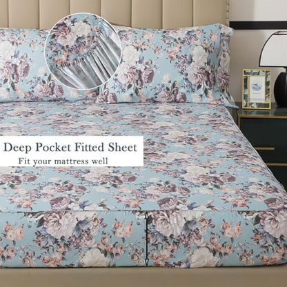 FADFAY Floral Sheets Set Twin Size, 100% Cotton Bed Sheets 4 Pcs with Deep Pocket Fitted Sheet, Dusty Blue Vintage Botanical Bedding, Soft Crisp & Breathable Sheets for All Seasons