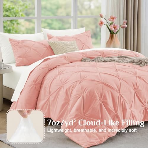 JOLLYVOGUE King Size Comforter Set 7 Pieces - Bed in a Bag King for All Season, Pintuck Bedding Comforter Sets with Comforter, Flat Sheet, Fitted Sheet and Pillowcases & Shams, Pink & Ivory