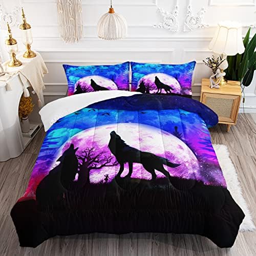 Wolf Comforter Set Galaxy Wolf Night Moon Bedding Set for Kids Teens Room Decor Wild Animals Comforter with 2 Pillowcases