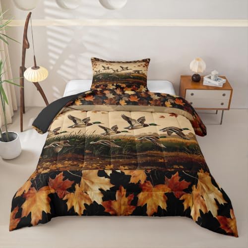 Feelyou Mallard Duck Bedding Set Soft for Boys Girls, Wild Duck Hunting Comforter Set Toddler Size Cabin Farmhouse Duvet Quilt Microfiber Maple Leaf Bedroom Decor 2 Pcs with 1 Pillow Cases