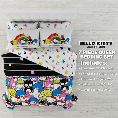 Franco Collectibles Hello Kitty & Friends Bedding 7 Piece Super Soft Comforter and Sheet Set with Sham, Queen, (Official Licensed Product)