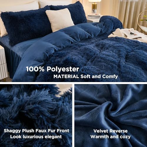Andency Navy Blue Comforter Full Size Set, Fluffy Faux Fur Warm Bedding Set