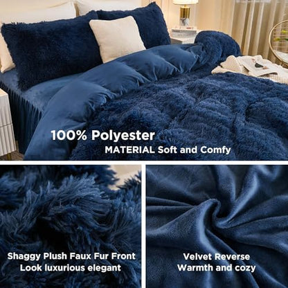 Andency Navy Blue California King Comforter Set, Fluffy Faux Fur Bed Set