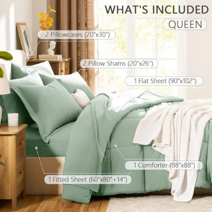 CozyLux Queen Comforter Set, 7-Piece Bed in a Bag, Sage Green