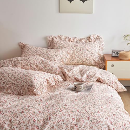 Vintage Floral Duvet Cover King 100% Cotton Pink Flower Duvet Cover with 2 Ruffle Pillowcases Girls Boho Lace Floral Bedding Set Aesthetic Garden Style Botanical Comforter Cover King with Zipper Ties