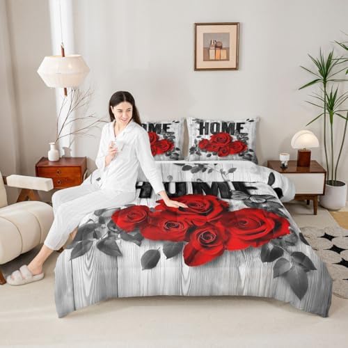 Castle Fairy Red Rose Bedding Set with 2 Pillowcases,Wooden Plank Rustic Farmhouse Comforter Set for Teens Adult Room,Valentine's Day Romantic Ultra Soft Bedding Set King Size,3 Pcs