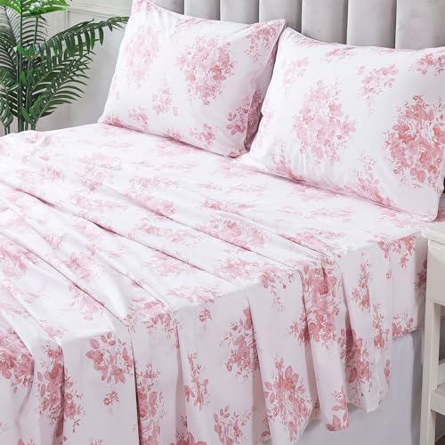 FADFAY Full Sheets 100% Cotton Pink Rose Floral Bed Sheets, Coquette Cottagecore Bedding for Girls Women, Soft Crisp & Breathable Luxury Shabby Vintage Deep Pocket Fitted Sheet, 4Pc