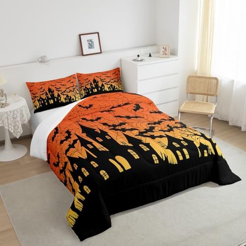 Homewish Castle Silhouette Comforter Set,Orange Yellow Bedding Set for Kids Girls Boys,Teens Adults Black Bat Comforter,Halloween Theme Quilted Duvet Set Bedroom Collection Twin Size 2Pcs