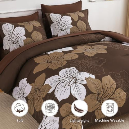 Luxudecor Brown King Size Comforter Set, 7 Pieces Floral Bed in a Bag