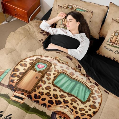Erosebridal Happy Camping Boys Comforter Set with Sheets King Size Camper Decor 7 Piece Bedding Set Brown Leopard Print Bed in A Bag for Kids Teens Room Rustic Farmhouse Cabin Bed Sets