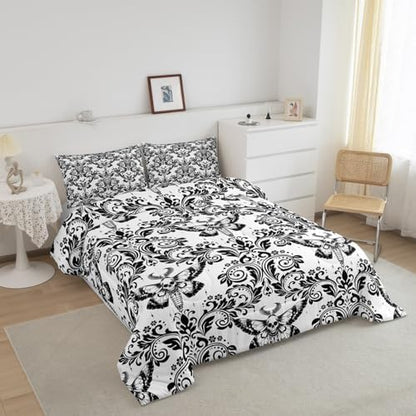 Feelyou White Gothic Damask Floral Comforter Set Full Size Bedding Set