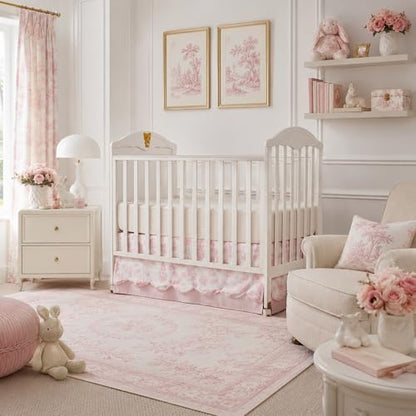 Brandream Scallop Edge Organic Cotton Crib Skirt Girls Toddler Bedskirt Baby Nursery Crib Bed Skirt Double Layer Bohemian French Country Toile with Solid Pink Pleated Dust Ruffle Farmhouse Chic Skirt