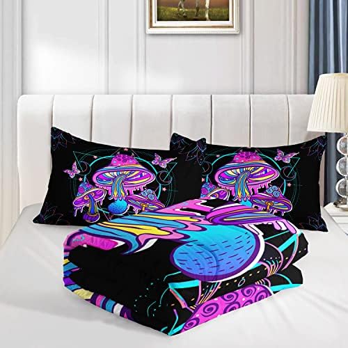 HOSIMA Mushroom Bedding Comforter Sets, Forest Fungi Plant Theme Cartoon Butterfly Mushroom Decor Toddler Comforter Set,Magic Hexagram Black Twin Comforter Set with 2 Pillowcases.