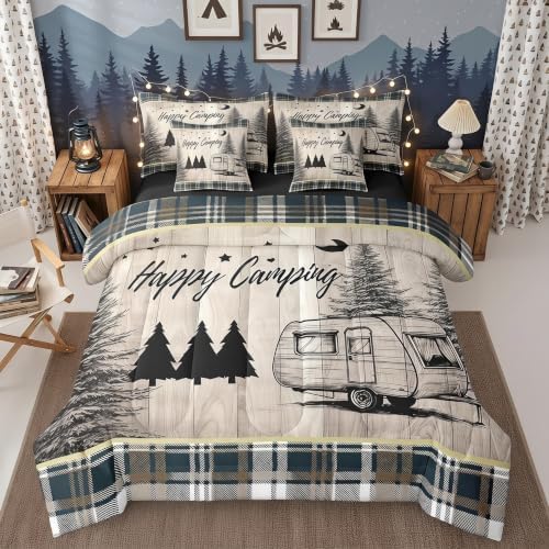 Erosebridal 7 Piece Happy Camping Twin Bedding Set,RV Bunk Camper Comforter Set with Sheets for Kids Adults,Travel Trailer Decor Vintage Rustic Cabin Farmhouse Quilt Bed Set with Fitted+Flat Sheet