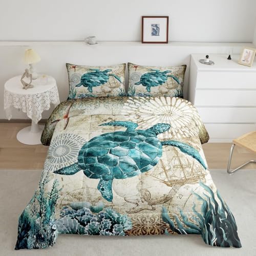 Turtle Bedding Teal Turtle Comforter Set Turquoise Ocean Themed Mediterranean Style Printed Design Ocean Turtle Down Comforter Quilted Duvet Set King Size 1 Comforter 2 Pillowcases (King, Turtle)
