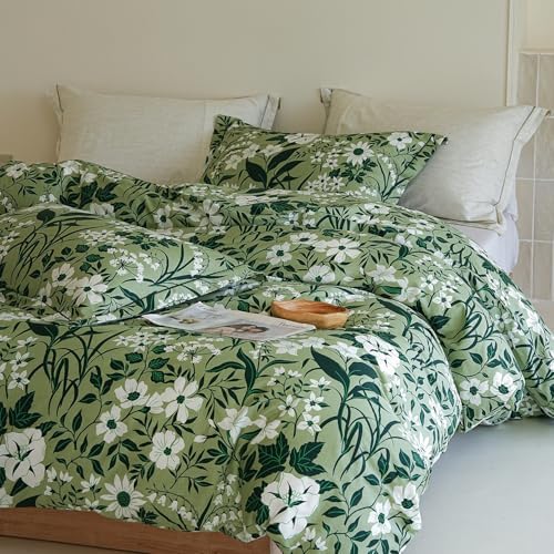 Floral Comforter Queen Size - 100% Cotton Green Comforter Set 3pcs, Leaf Print Soft Hypoallergenic Bedding Set