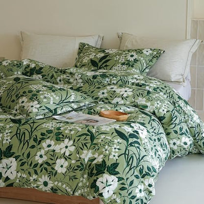 Floral Comforter Queen Size - 100% Cotton Green Comforter Set 3pcs, Leaf Print Soft Hypoallergenic Bedding Set