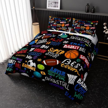 Nttopship Sports Ball Full Comforter Set,Football Rugby Basketball Bedding Set for Kids Boys Girls Youth Ball Sports Themed Bedroom Decor Bedding Set 3 Pcs Bed in A Bag (1 Comforter, 2 Pillow Case)